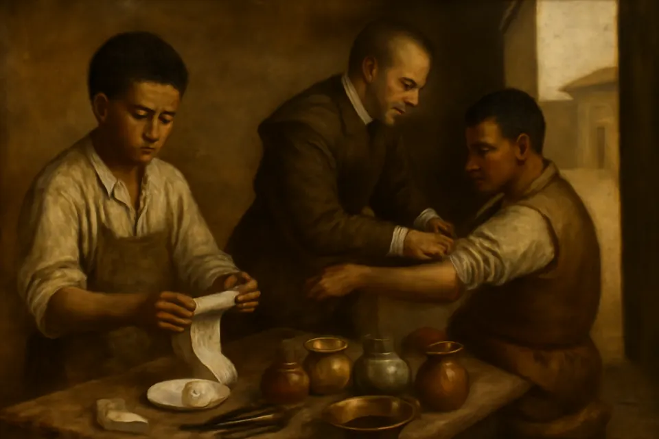 Illustration of the boy Martin rolling bandages in a barber-surgeon's shop in colonial Lima while his master treats a laborer