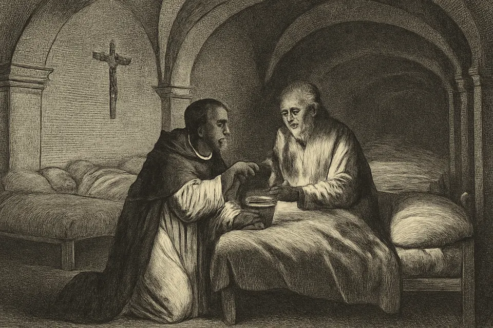 Illustration of Brother Martin feeding broth to a sick old man in the infirmary of the Dominican convent in Lima