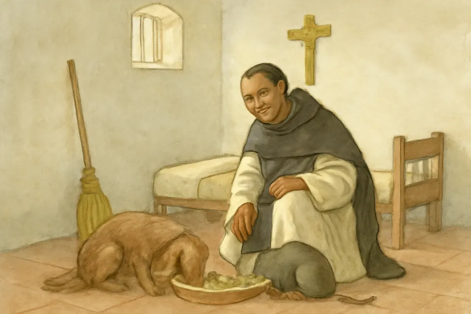 Illustration of Brother Martin smiling as a dog, a cat and a mouse eat together from one clay dish in his cell