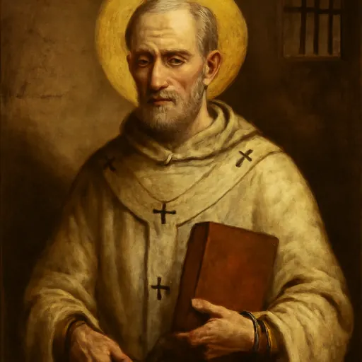 Oil-painting-style portrait of Pope St. Martin I as a gaunt older man in a white papal mantle and pallium, holding a book and wearing light chains on his wrists