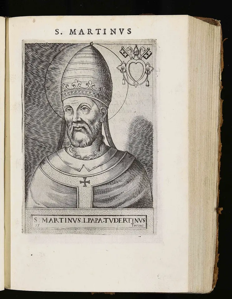 Engraved portrait in an open book of a bearded pope in a tall tiara and pallium, labeled S. Martinus I Papa Tudertinus