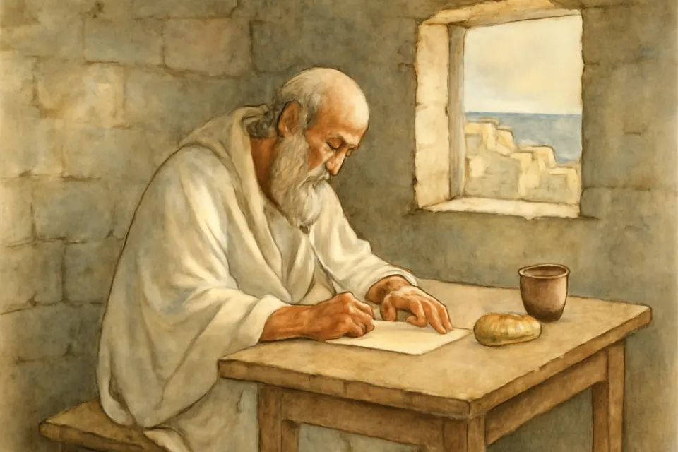 Watercolor-style scene of an exiled pope in a worn mantle writing a letter by a small window in a bare stone room on the Crimean coast