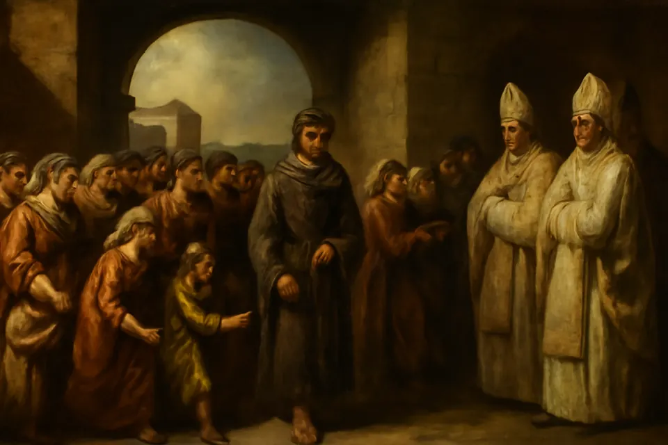 Illustration of a crowd of townspeople escorting the reluctant monk Martin through the gate of Tours to make him their bishop