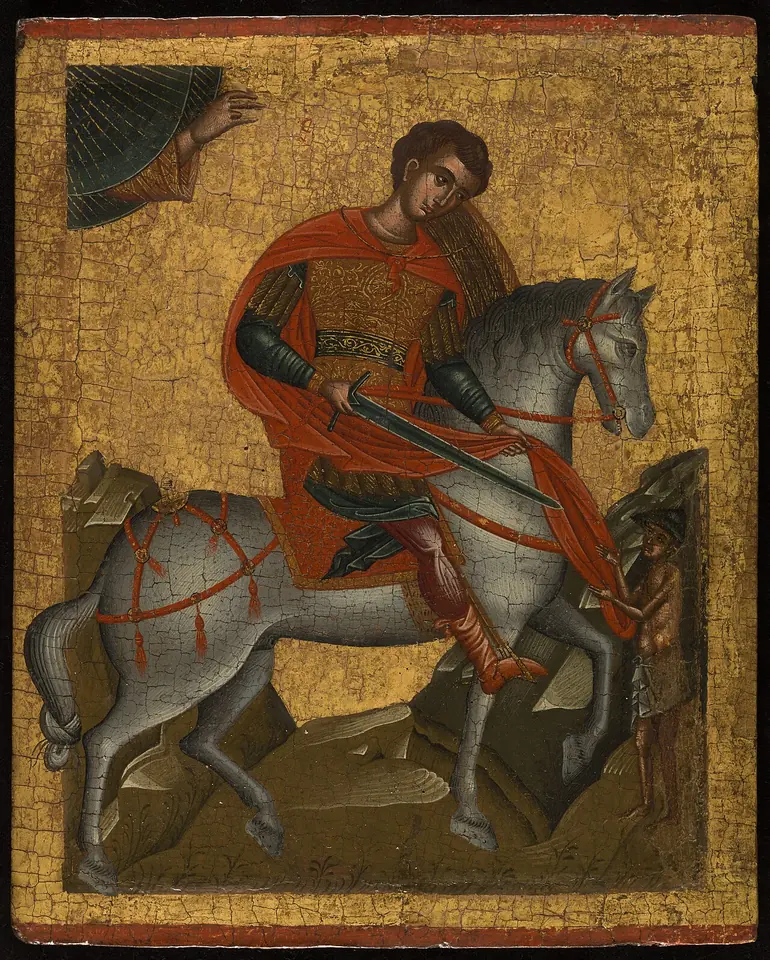 Gold-ground Cretan icon of St. Martin in red on a gray horse, turning to cut his cloak, with a blessing hand reaching from the corner of the sky