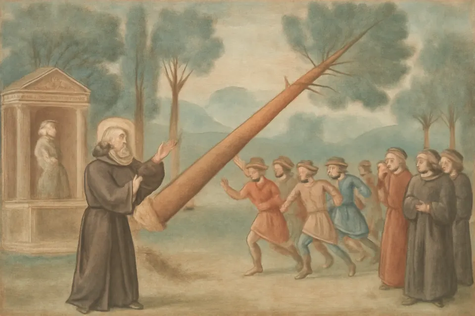Illustration of St. Martin, his hands bound, raising his hand as a falling pine tree swings away from him while villagers scatter
