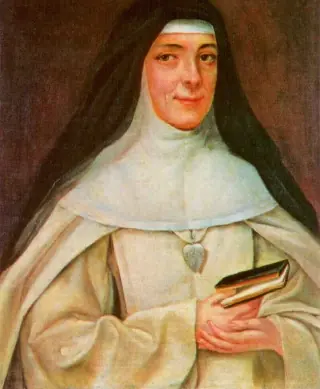 A painted half-length portrait of a smiling sister in a cream habit and dark veil, a heart-shaped medal on her breast, holding a small book