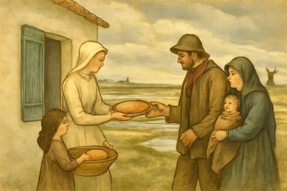Watercolor-style scene of a doctor's wife giving bread to poor islanders at a cottage door on a windswept island, a small girl beside her