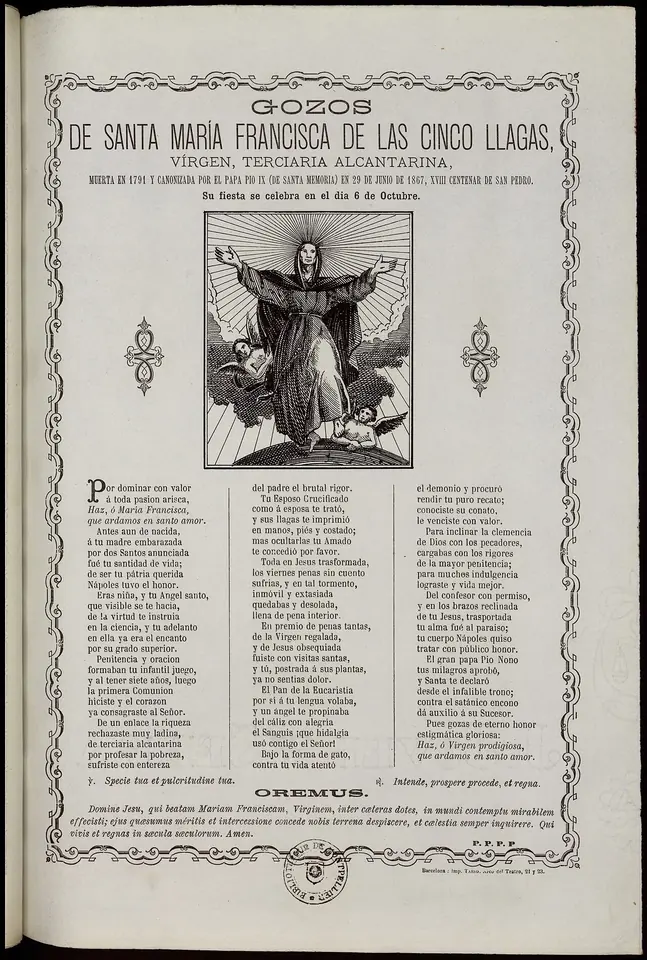 A printed Spanish hymn sheet with a woodcut of St. Mary Frances in a habit, arms raised in prayer before the crucified Christ, framed by verses