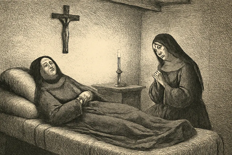 Engraving-style scene of a Franciscan tertiary in a brown habit lying in pain on a simple bed on a Friday, her eyes on a crucifix, while another woman prays beside her