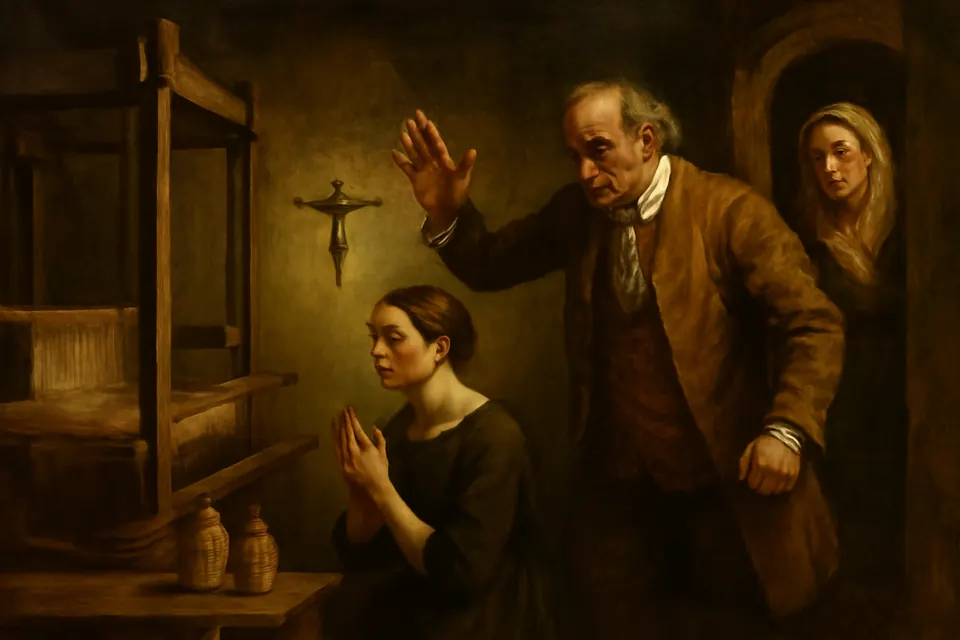 Oil-painting-style scene of a sixteen-year-old girl in a plain dress kneeling before a crucifix while her angry father gestures at her in a Naples workshop