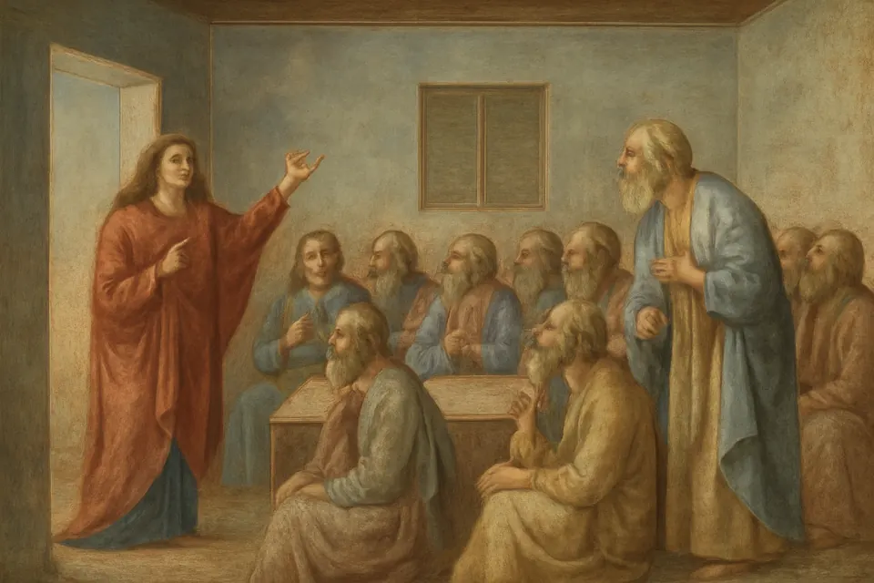 Illustration of Mary Magdalene bursting into a room in Jerusalem at dawn to tell the gathered disciples that she has seen the risen Lord