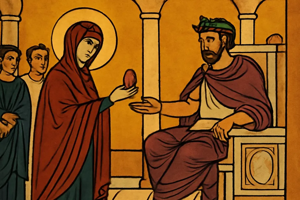 Icon-style illustration of Mary Magdalene holding out a red egg to the Roman emperor Tiberius on his throne