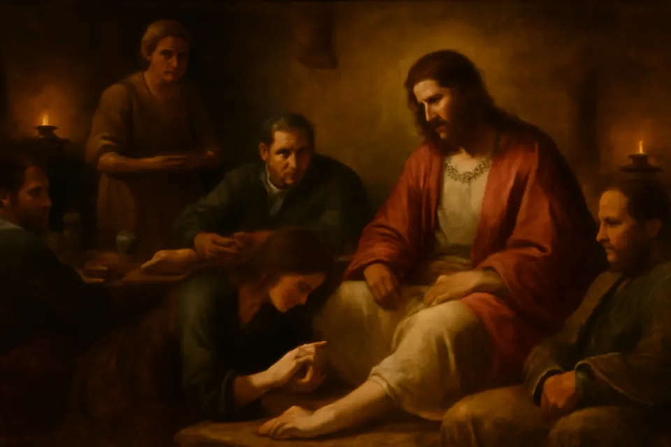 Oil-painting-style illustration of a woman kneeling at a low supper table to pour ointment from a jar over Jesus' feet and wipe them with her hair, while guests recline and one disciple frowns
