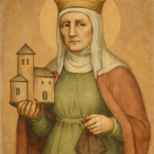 Fresco-style portrait of St. Matilda of Ringelheim, a crowned tenth-century Saxon queen in a white widow's veil and red mantle, holding a small church and a purse