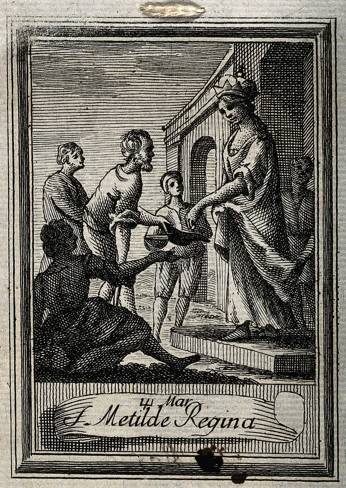 Old etching of a crowned queen on the steps of a building handing alms to poor men and children who reach up to her