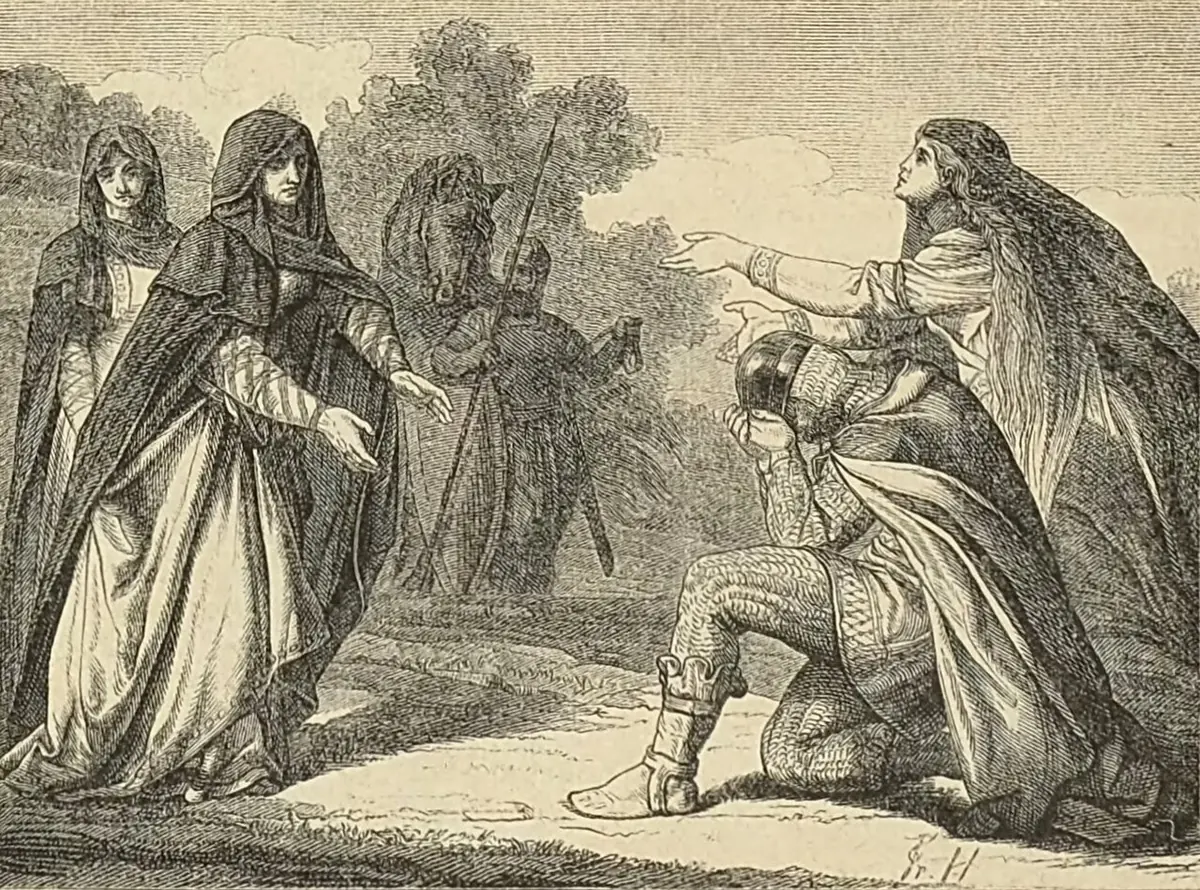 Engraving of a kneeling king and a bowing queen before an older woman in a long veil, who reaches out to them on a forest path, with attendants behind