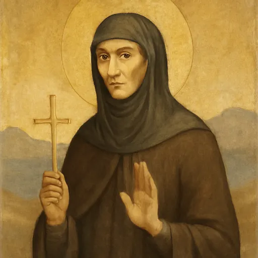 Fresco-style portrait of St. Matrona of Chios, an aged Greek abbess in a dark habit and veil, holding a cross in her right hand and raising her left hand in prayer