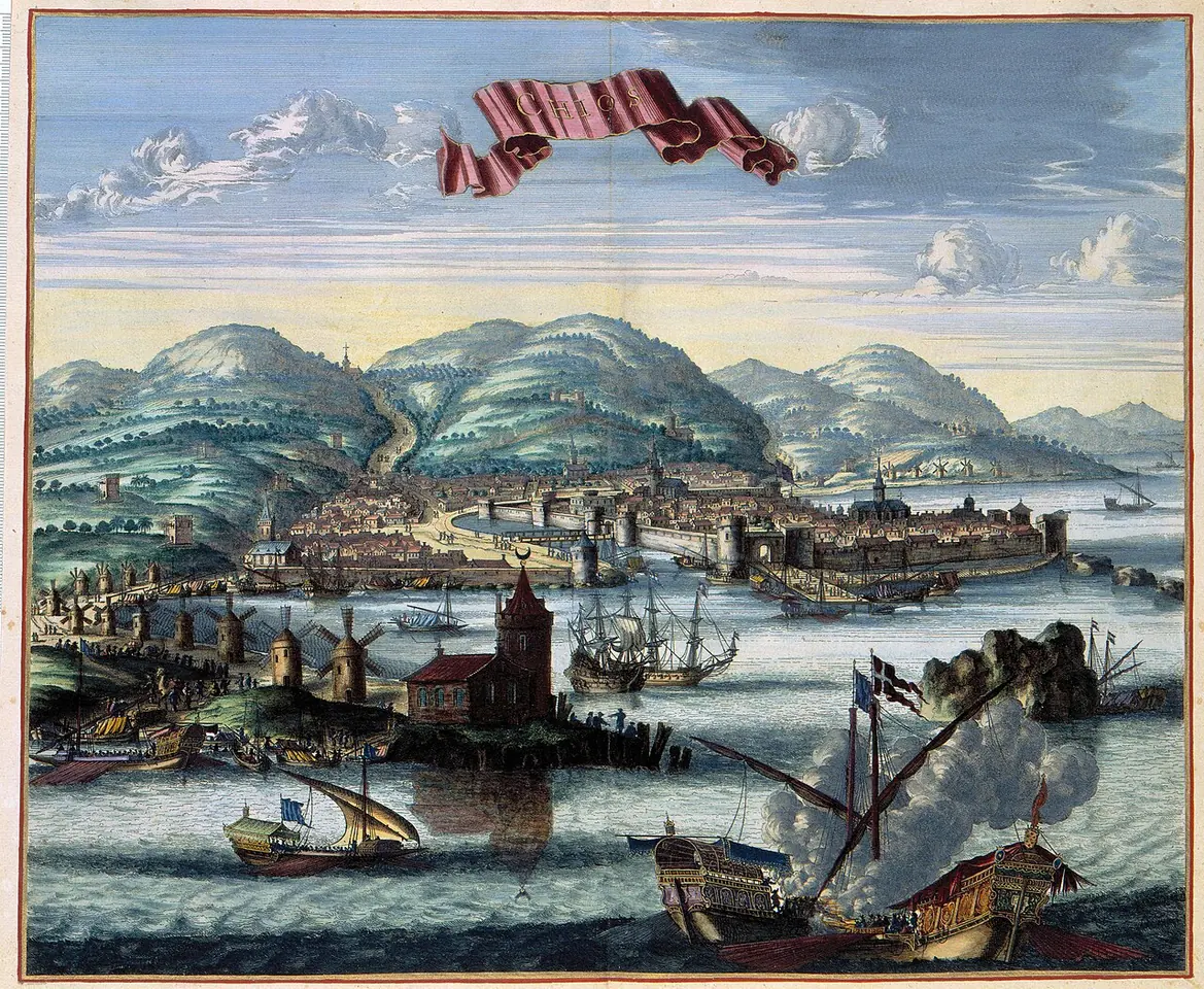 Hand-colored seventeenth-century view of the walled town of Chios on its harbor, with windmills, ships and green hills behind