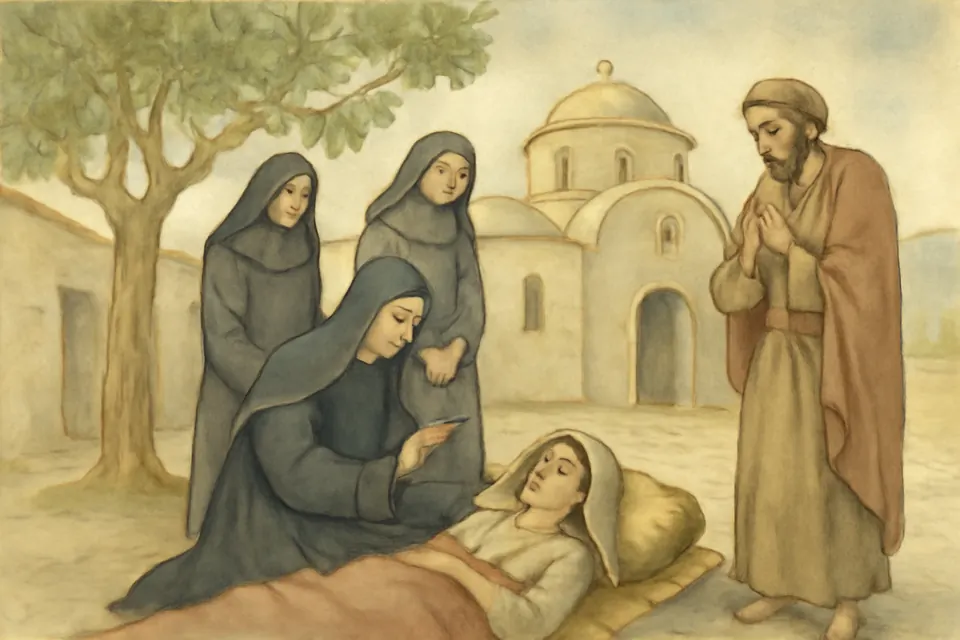 Watercolor-style scene of an elderly nun praying over a sick woman lying on a mat in a stone monastery courtyard while other nuns and villagers watch