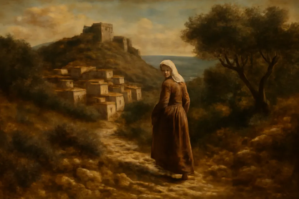 Oil-painting-style scene of a young Greek woman in a plain dress and head covering walking alone up a rocky hillside path above a hilltop castle and village