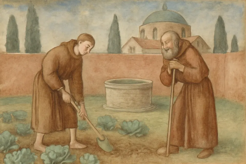 Fresco-style illustration of a young monk with cropped hair digging in a monastery garden while an older monk looks at him curiously