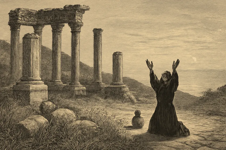 Engraving-style illustration of a woman in a hair shirt praying alone inside the ruined columns of an abandoned pagan temple near Beirut