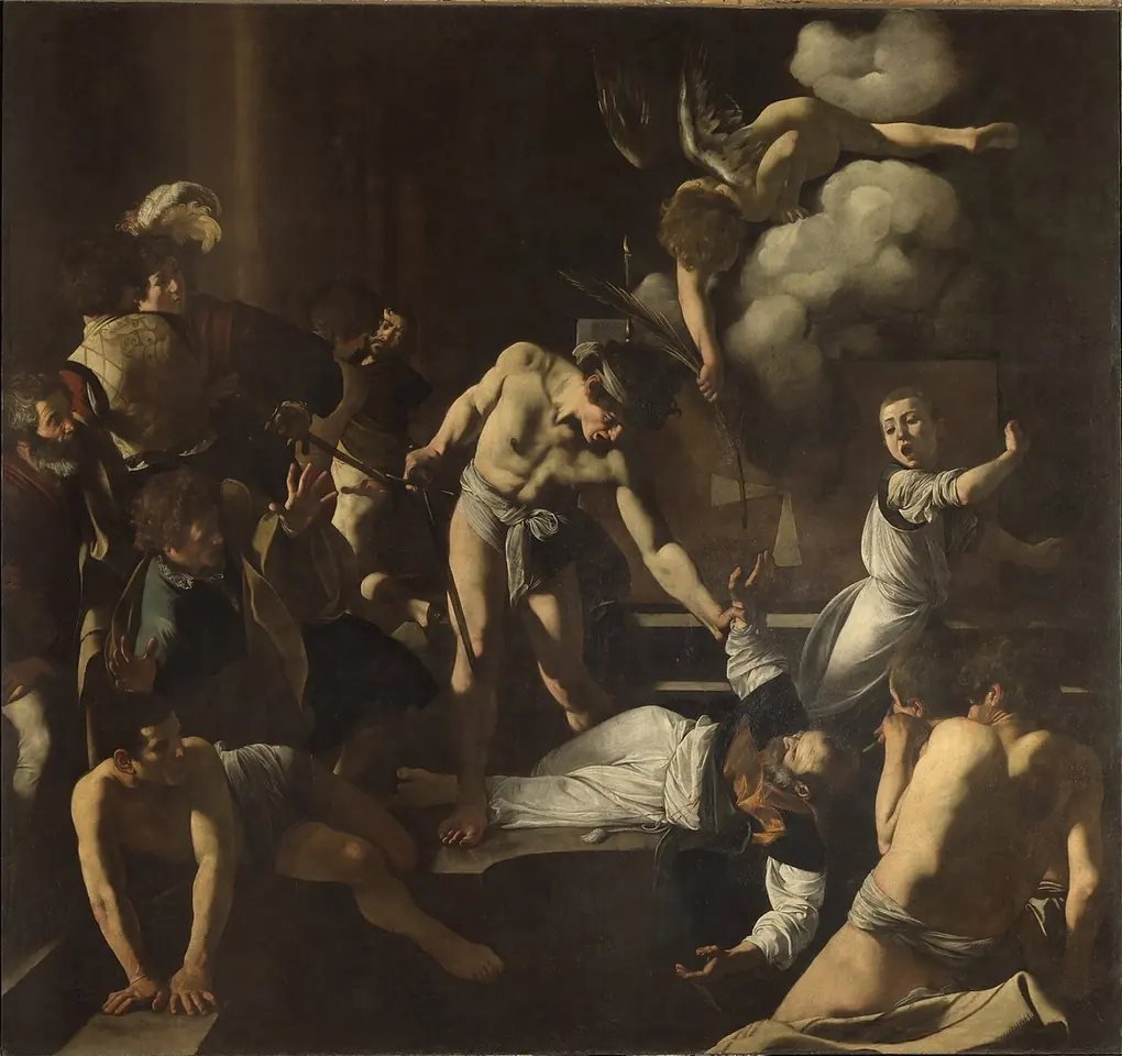 Crowded Baroque painting of a half-naked young executioner standing over an old priest who has fallen by an altar, as onlookers scatter and an angel on a cloud reaches down with a palm branch