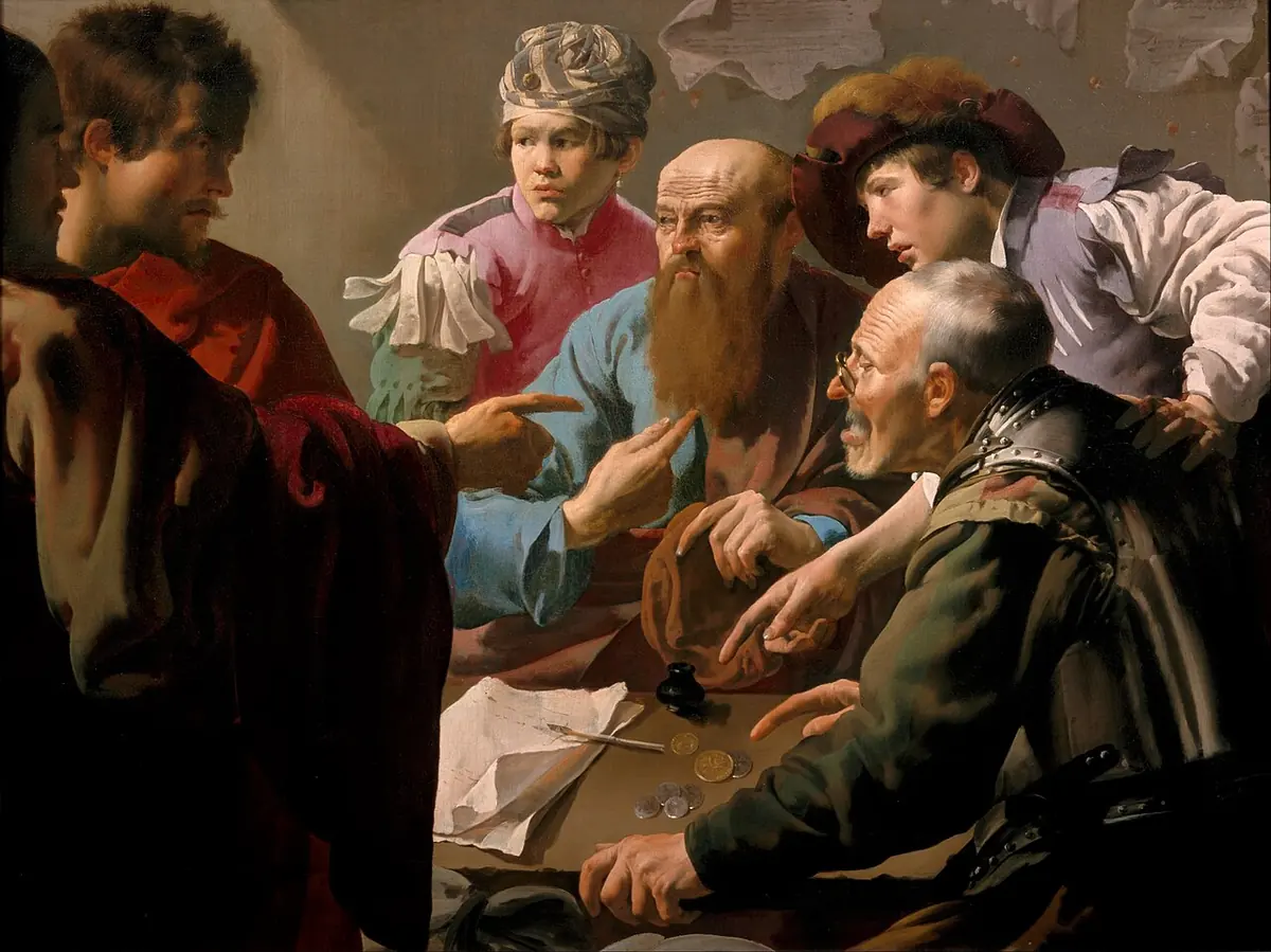 Close-up painting of a gray-bearded tax collector in a blue robe at a table of coins and papers, pointing to himself as Jesus and an apostle point at him from the left and young men in feathered hats crowd around