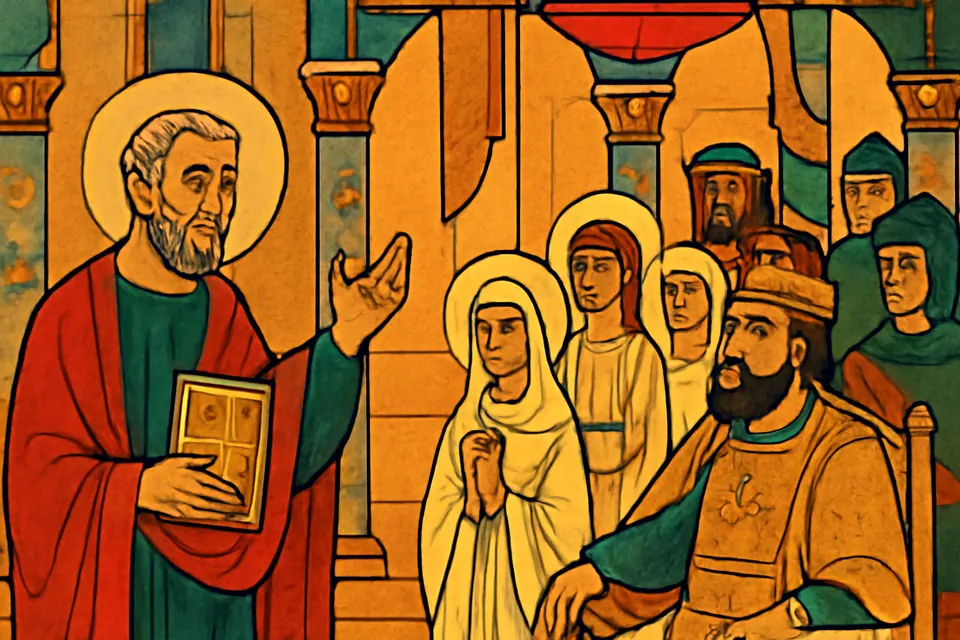 Illustration of St. Matthew preaching in a royal hall, with a king, a crowned princess and a group of young women in white listening