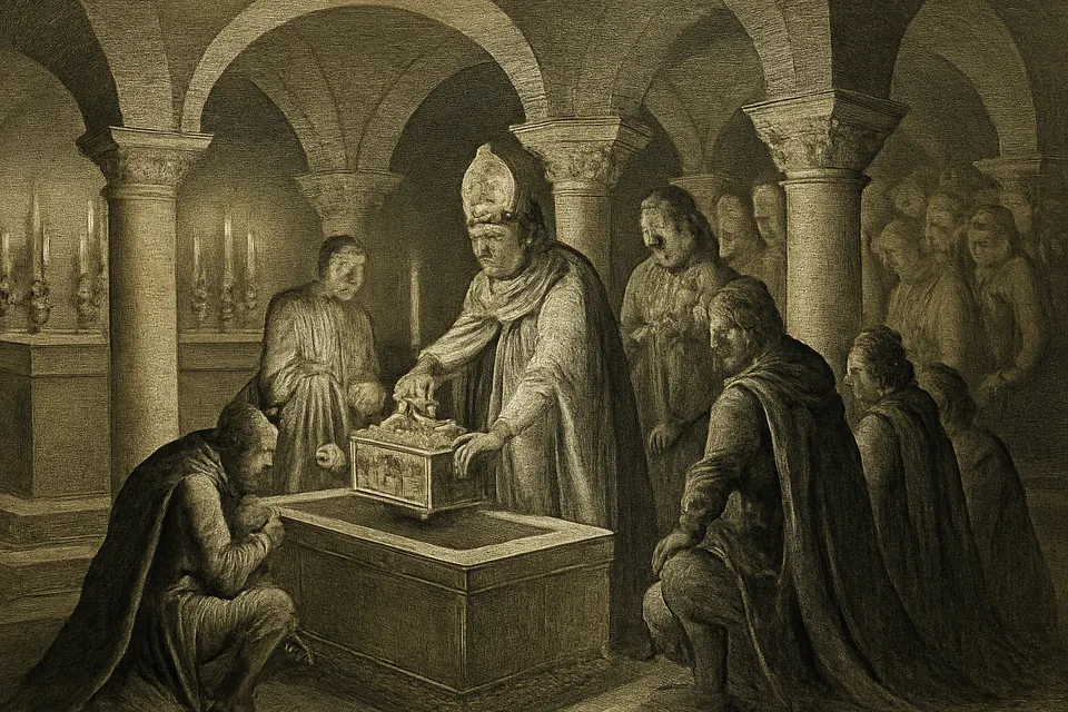 Illustration of an archbishop placing St. Matthew's relics in the new crypt of Salerno Cathedral in 1081, watched by a Norman duke