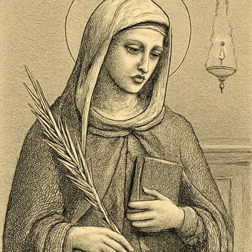Engraving-style portrait of St. Maura of Troyes as a young woman in a veil and long mantle, holding a book and a palm branch