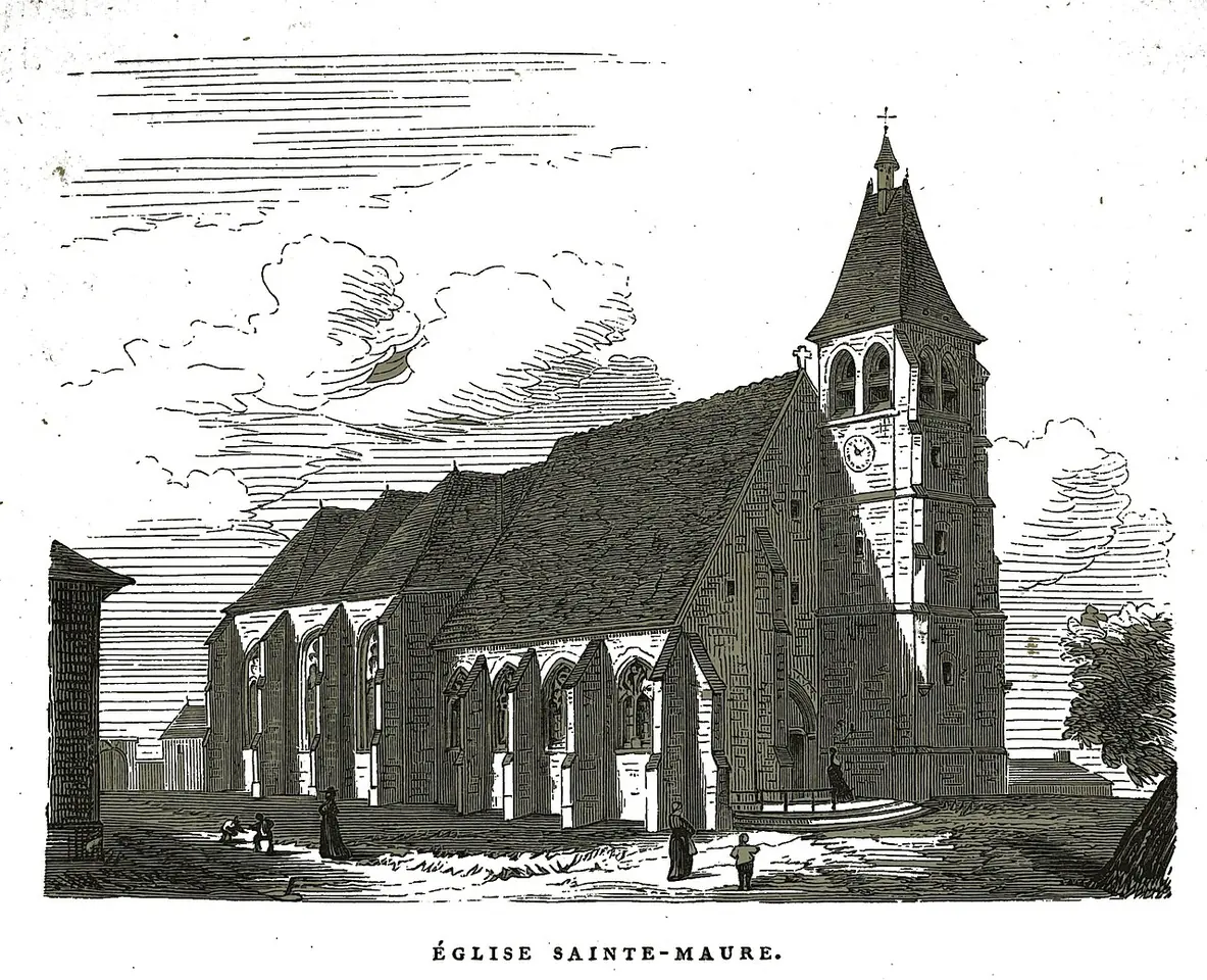 Engraving of a Gothic village church with tall buttressed windows and a square bell tower topped by a slate spire, with a few figures walking in front