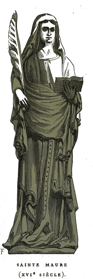 Engraving of a carved statue of a young woman in a veil and long draped mantle, holding a palm branch upright in her right hand and an open book in her left