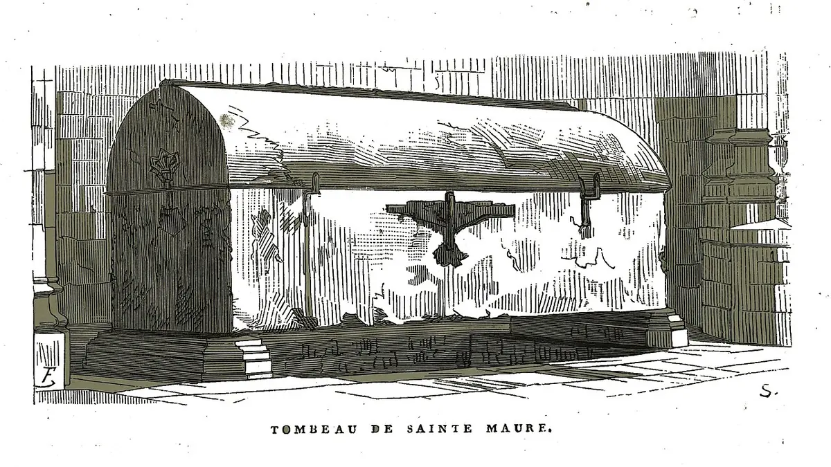 Engraving of a heavy stone sarcophagus with a rounded lid and carved sides, standing on a base in a church, with an iron bar and a lock across its lid
