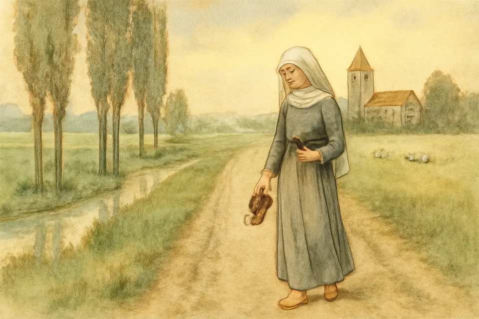 Watercolor-style illustration of a young woman walking barefoot along a country road toward a distant abbey church in the plain of Champagne