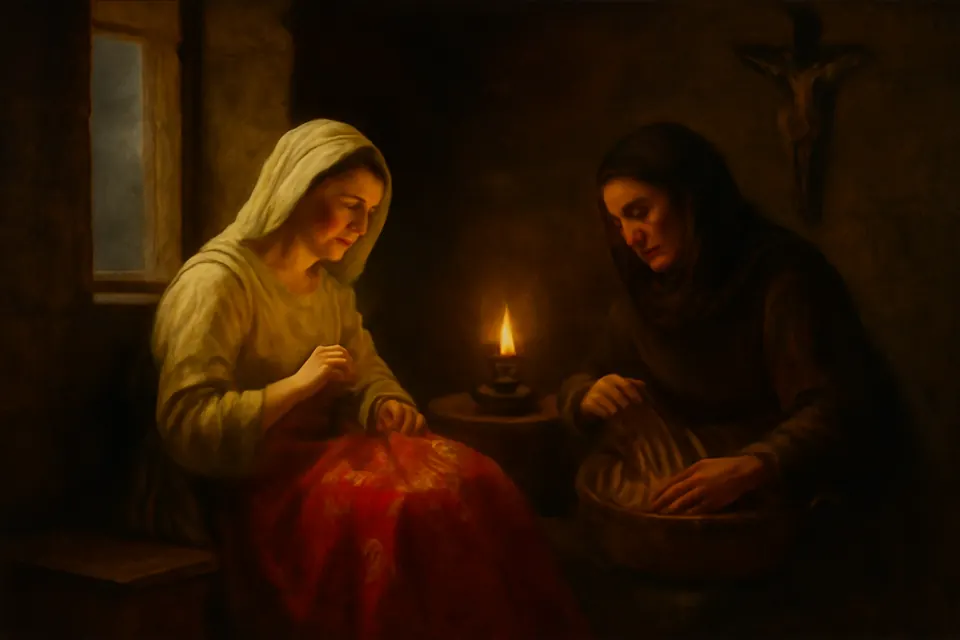 Oil-painting-style illustration of a young woman sewing a church vestment by candlelight beside her mother in a 9th-century house