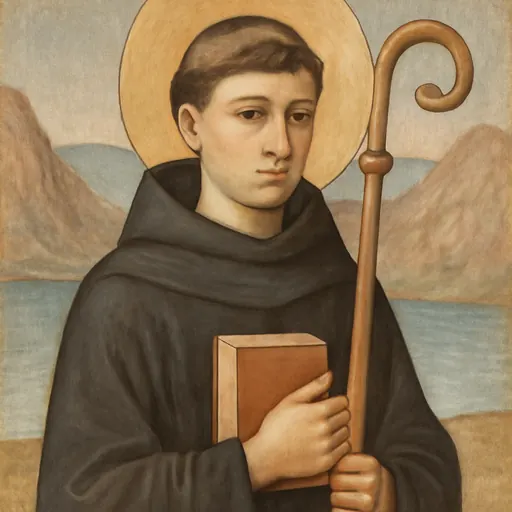 Fresco-style portrait of St. Maurus as a young Benedictine monk in a black habit, holding a book and an abbot's crozier