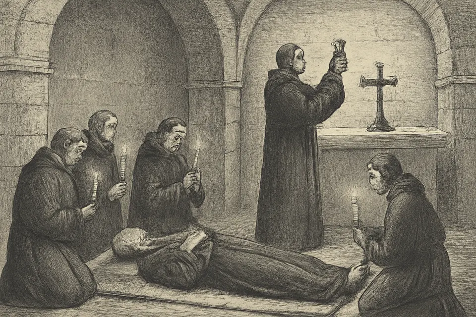 Engraving-style illustration of an old monk lying on sackcloth before a church altar while other monks kneel around him