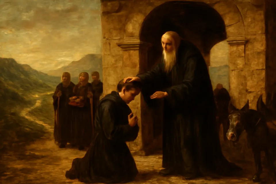 Oil-painting-style illustration of an old abbot blessing a kneeling young monk as a small group of monks prepares to set out on a road