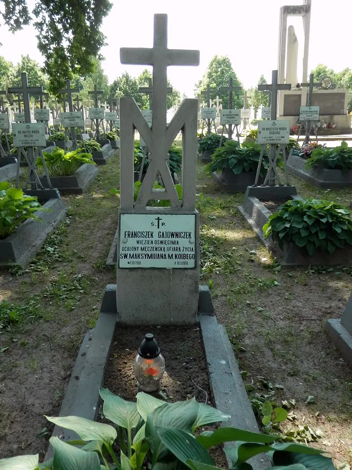 Tumba de cemento con una cruz y una placa con el nombre de Franciszek Gajowniczek, con una vela y plantas verdes, en un cementerio de tumbas semejantes