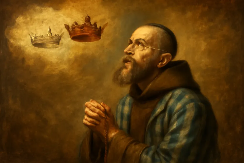 Ilustración en estilo óleo de un fraile franciscano con chaqueta de preso a rayas sobre el hábito, con un rosario en las manos y una corona blanca y otra roja en el cielo sobre él