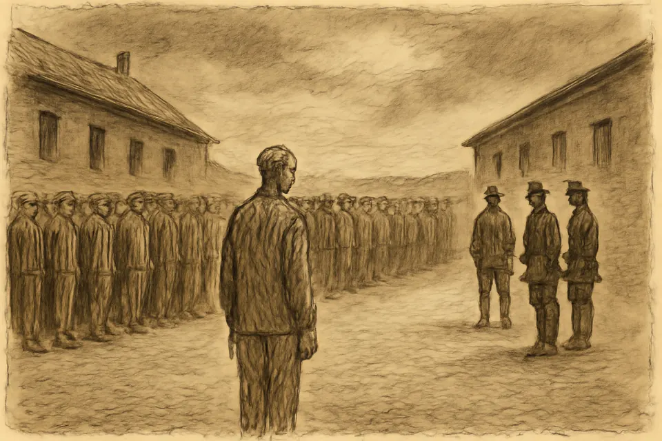 Dibujo sombrío de filas de presos formados en un recuento, vistos de espaldas, mientras un hombre delgado con anteojos da un paso fuera de la fila