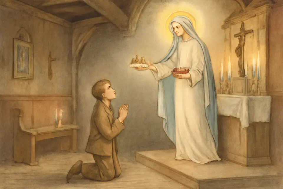Ilustración en acuarela de un niño polaco arrodillado en una iglesia de pueblo mientras la Virgen María se le aparece con una corona blanca y otra roja en las manos