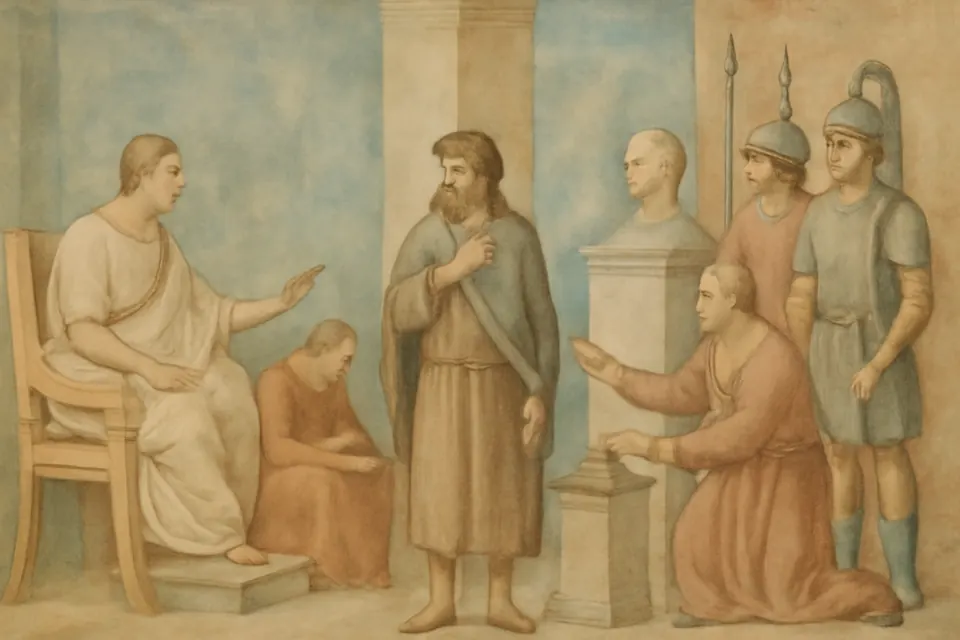 Fresco-style illustration of a merchant standing before a Roman official on a raised seat, refusing to burn incense before an imperial bust
