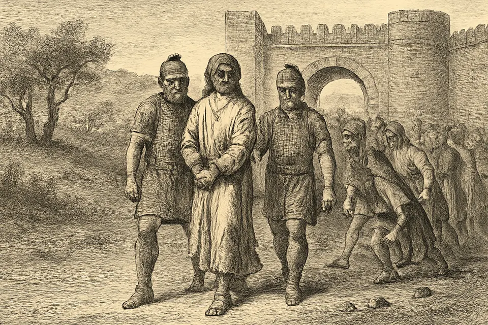 Engraving-style illustration of a crowd leading a bound man out through a Roman city gate toward an open field, with stones in their hands