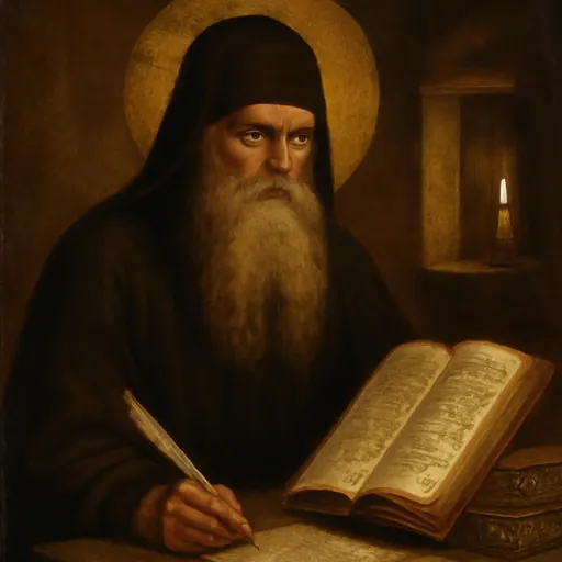 Oil-painting-style portrait of St. Maximus the Greek, an aged monk with a very long, broad gray beard and a black cowl, holding an open book at a scholar's desk