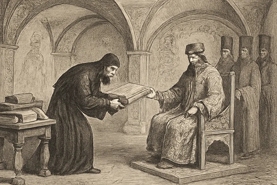Engraving-style scene of a Greek monk presenting books to the Grand Prince of Moscow in a palace hall in 1518