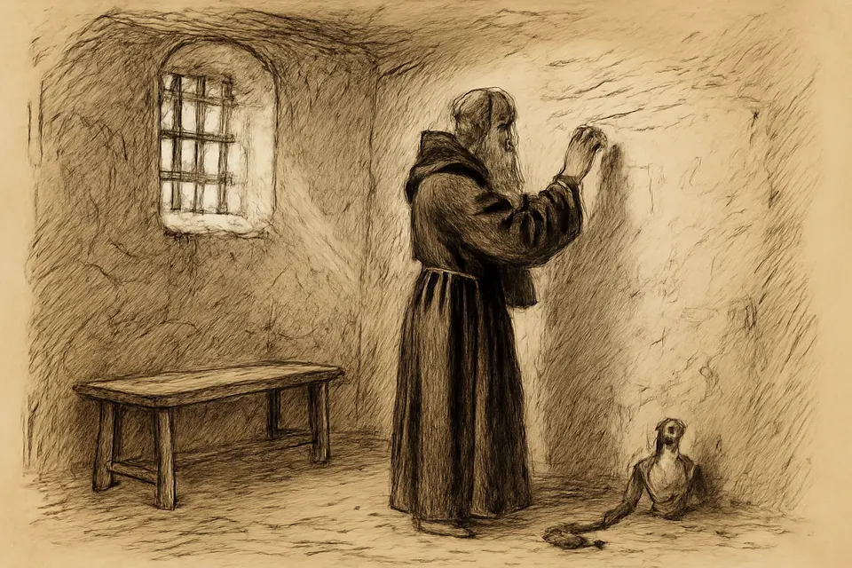 Ink-drawing-style scene of an old monk in a dim stone prison cell writing lines of verse on the wall with a piece of charcoal