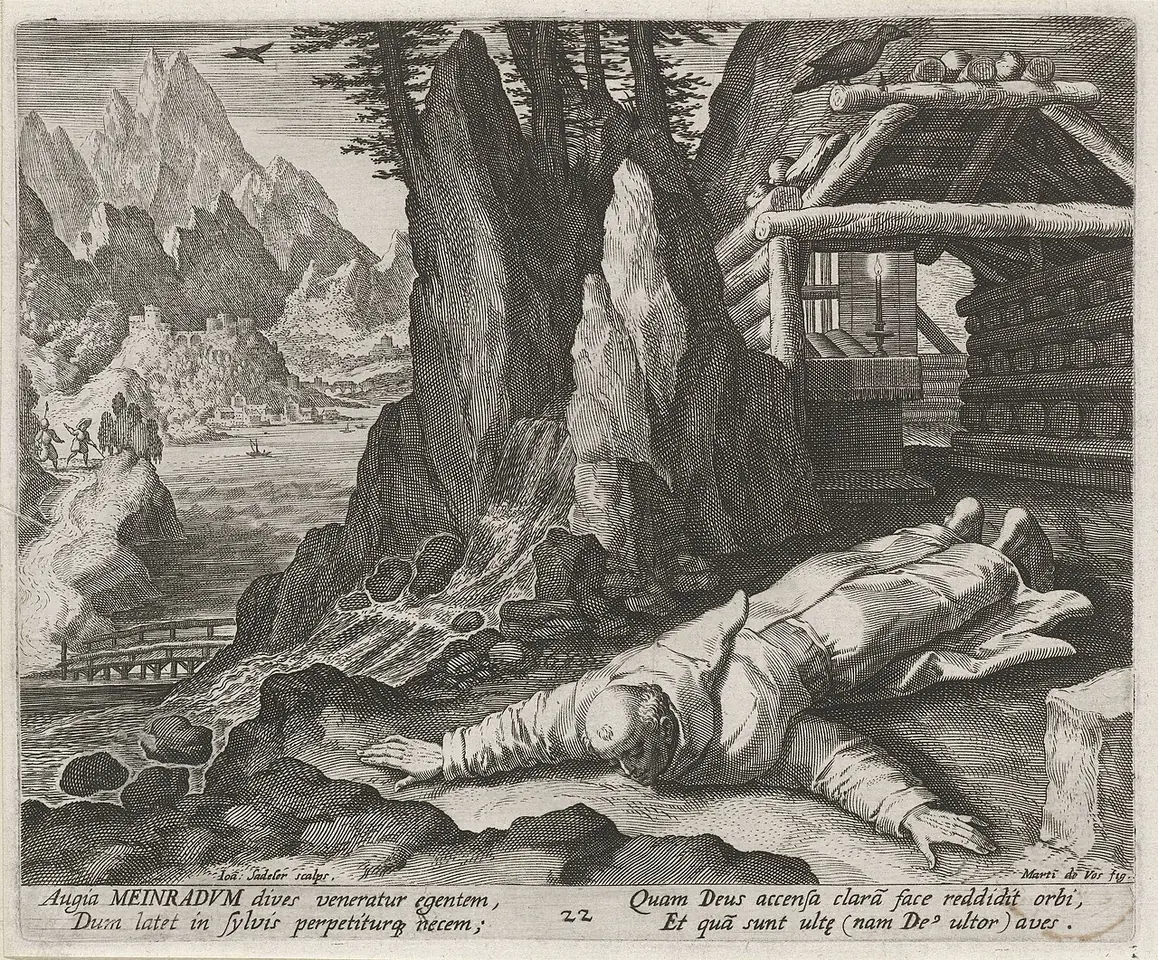 Engraving of a monk lying dead on the ground before his log hermitage in a mountain forest, with two ravens above the roof and the small figures of two men fleeing in the distance