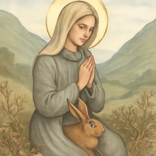 Watercolor-style portrait of St. Melangell as a young Welsh hermit in a plain gray robe and veil, with a brown hare sheltering in the folds of her robe